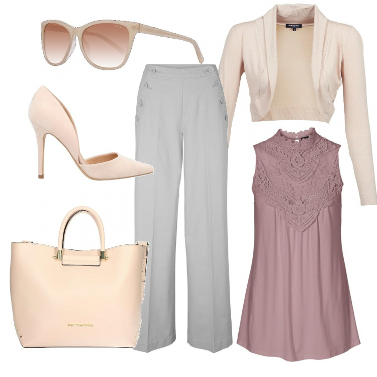 Outfit donna - L\'eleganza dell\'avorio. Stile Trendy per Ufficio. Abbinamento con top, pantaloni, zeppe, borsa, gilet, occhiali da sole.
