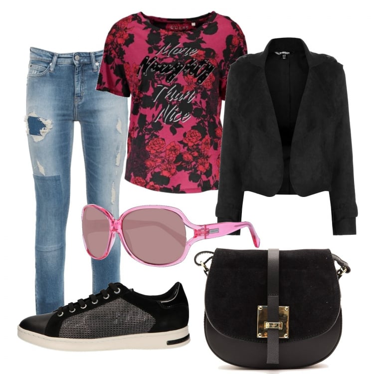 Outfit donna - Basic #12719. Stile Basic per Tutti i giorni. Abbinamento con t-shirt, borsa, blazer, occhiali da sole, jeans, sneakers.