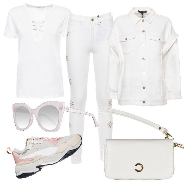 Outfit donna - Basic #12721. Stile Basic per Tutti i giorni. Abbinamento con portafogli, sneakers, pantalone lungo, t-shirt, giubbotto, occhiali da sole.