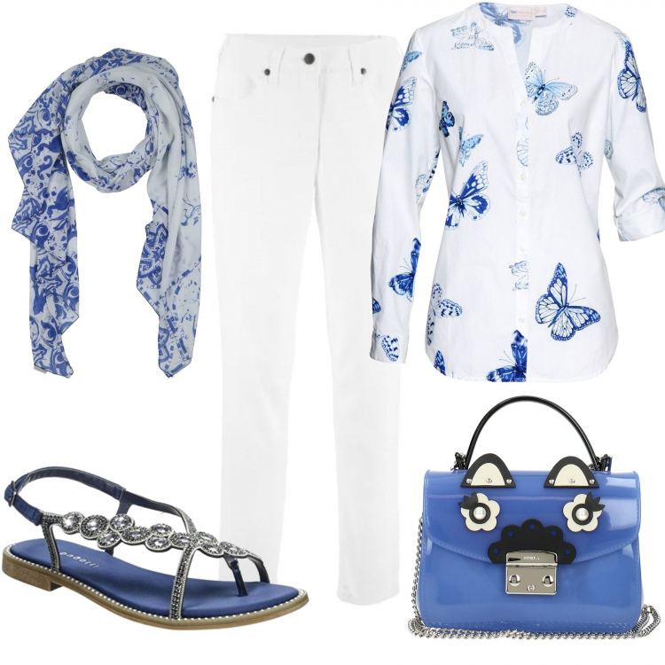 Outfit donna - Leggere come farfalle. Stile Trendy per Tutti i giorni. Abbinamento con stole, pantaloni, camicie, borsa a mano, sandali.