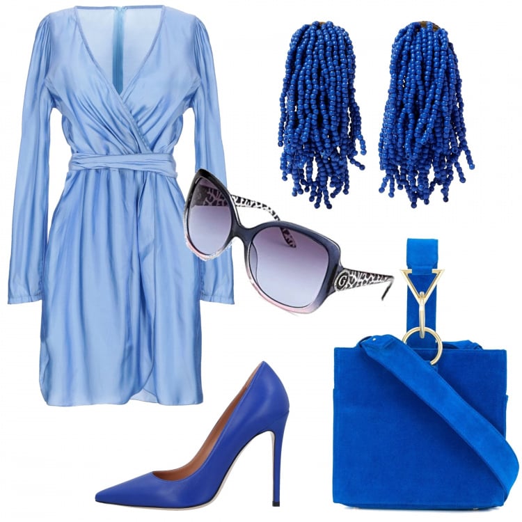 Outfit femme - Rêve bleu. Style Chic pour Cérémonie. Assortir avec robes, sacs à main, chaussures à talon, boucles d'oreilles, lunettes de soleil et montures pour lunettes de vue.