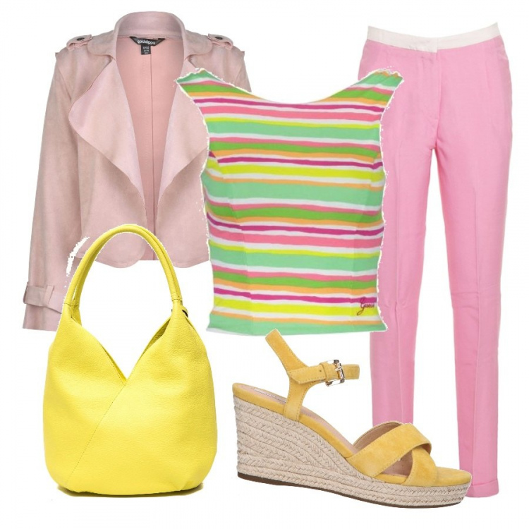 Outfit donna - Colori di primavera. Stile Trendy per Tutti i giorni. Abbinamento con canottiere, sandali, pantaloni, blazer, borsa.