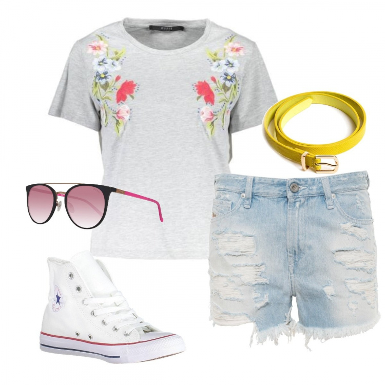 Outfit donna - In vacanza. Stile Trendy per Tutti i giorni. Abbinamento con t-shirt, shorts, occhiali da sole, scarpa sportiva, cinture.