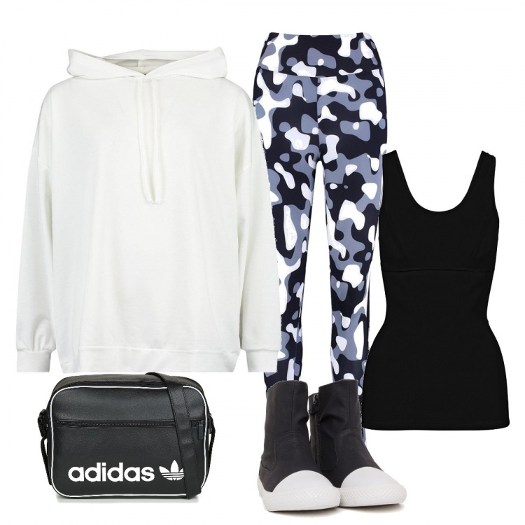 Outfit donna - In palestra. Stile Basic per Sport. Abbinamento con top, felpa con cappuccio, leggings, borsa a tracolla, sneakers alte.