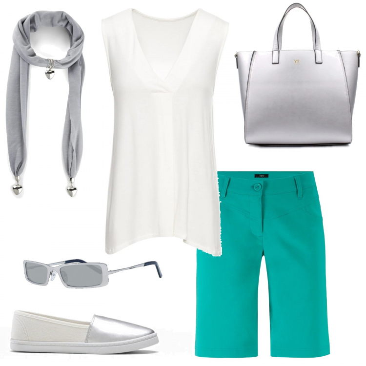 Outfit donna - SwimmingPool. Stile Urban per Tutti i giorni. Abbinamento con top, blazer, mocassini, foulard, shopping bag, occhiali da sole.