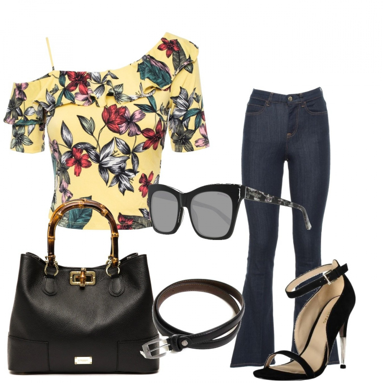 Outfit donna - La t-shirt a fiori. Stile Urban per Tutti i giorni. Abbinamento con top, borsa a mano, sandali, jeans, cinture, occhiali da sole.