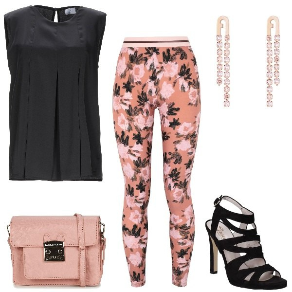 Outfit mujer - Not Just For Sport. Estilo Sexy para Noche/Fiesta elegante. Combinación con sandalias, zuecos, mules y chanclas de moda, borsa a tracolla rosa, leggings, top in raso, pendientes con strass.