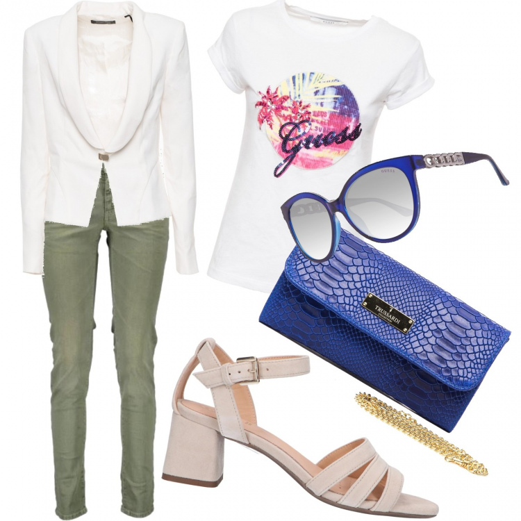 Outfit donna - Chic #11189. Stile Chic per Tutti i giorni. Abbinamento con t-shirt, pochette, occhiali da sole, pantaloni, blazer, sandali.