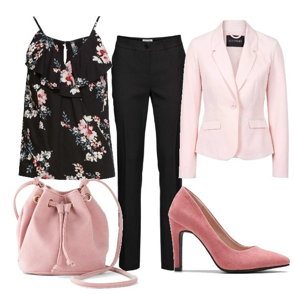 Outfit donna - Sfumature di rosa. Stile Chic per Ufficio. Abbinamento con pantaloni, blazer, top, décolleté, borsa a tracolla.