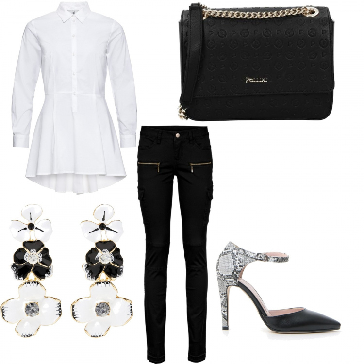 Outfit donna - Bon ton. Stile Chic per Tutti i giorni. Abbinamento con camicie, pantaloni cargo, orecchini, borse a spalla, décolleté.