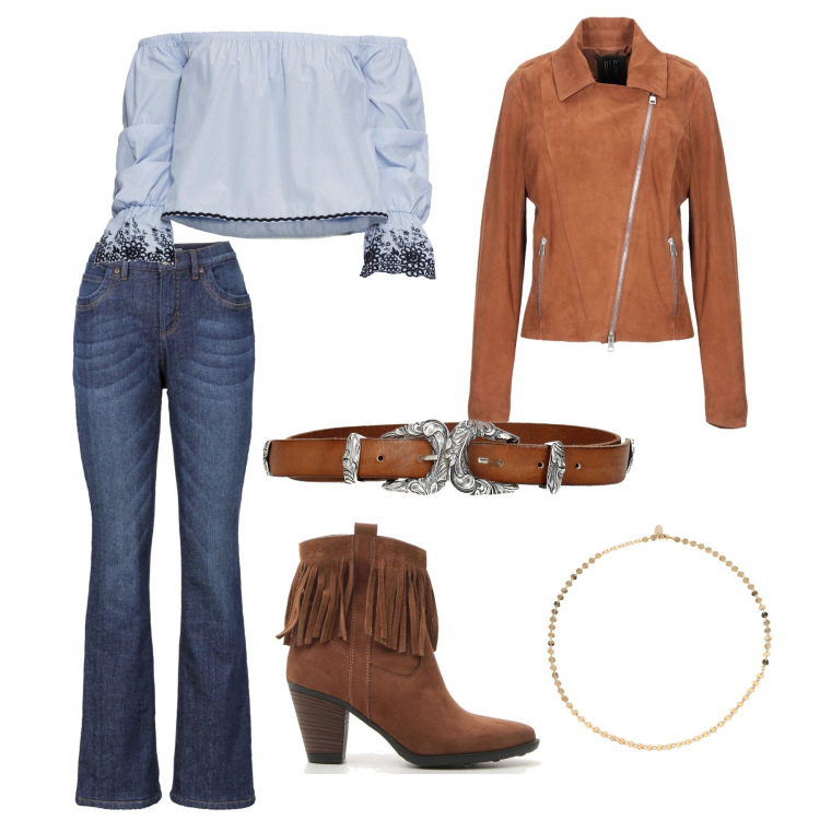Outfit donna - Manca il lazo. Stile Trendy per Tutti i giorni. Abbinamento con jeans bootcut, reggiseni, collane, cappotti, cinture, stivaletti.