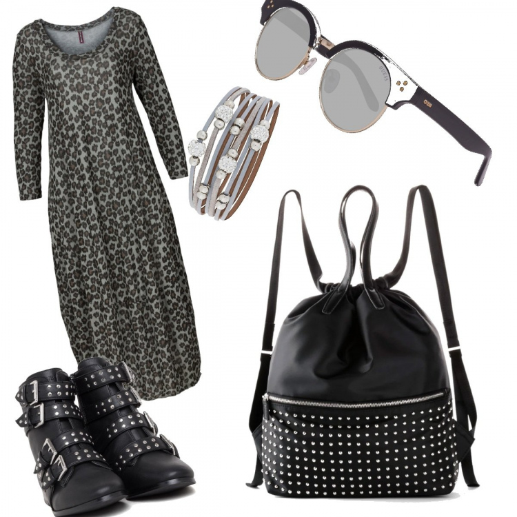 Outfit donna - Big nero. Stile Urban per Tutti i giorni. Abbinamento con vestiti midi/longuette, zaino, maglieria, stivaletti, occhiali da sole.