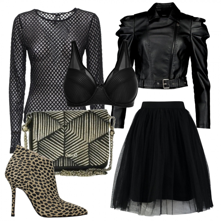 Outfit donna - Anima rock. Stile Rock per Serata fuori. Abbinamento con reggiseni, blazer, gonne longuette, stivaletti, borsa a spalla, top.