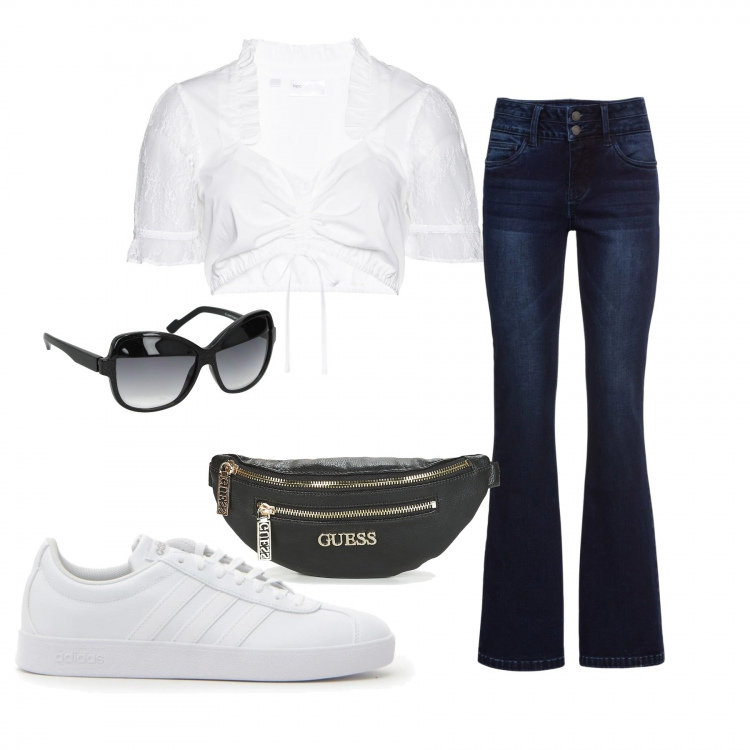Outfit donna - Classico sexy. per Tutti i giorni. Abbinamento con jeans bootcut, camicie, occhiali da sole, borsa, sneakers.