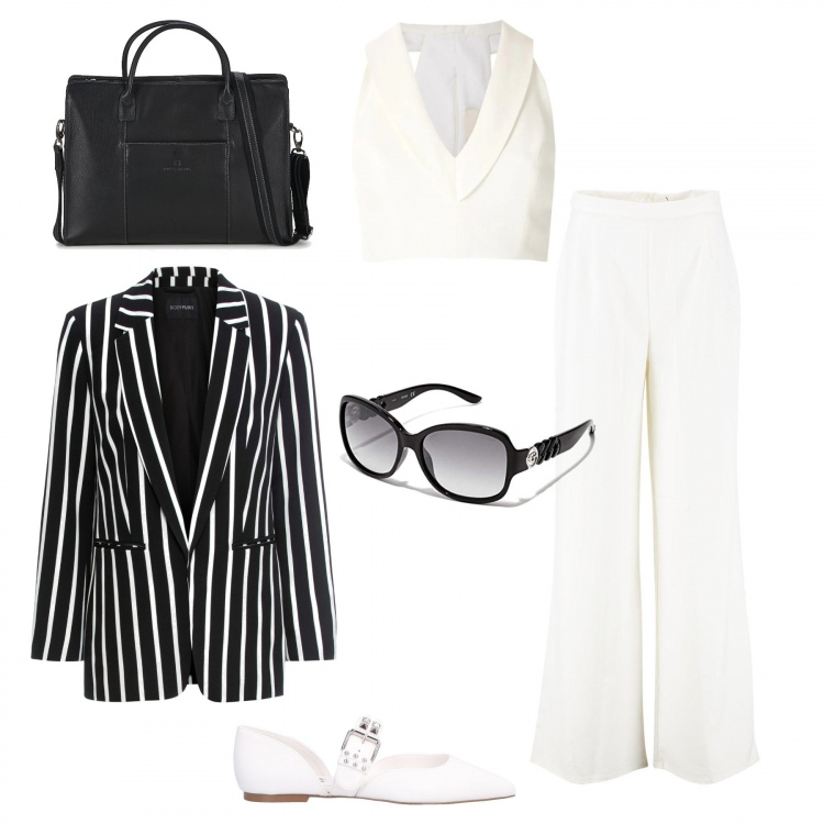 Outfit donna - In ufficio con stile. Stile Trendy per Ufficio. Abbinamento con blazer, ballerine, pantaloni, valigetta, top, occhiali da sole.