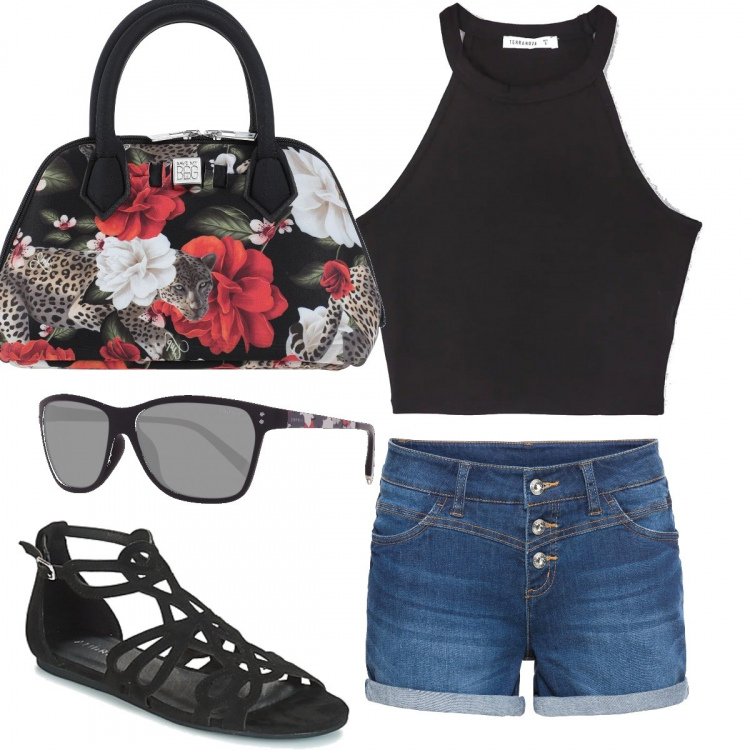 Outfit donna - Trendy #21142. Stile Trendy per Tutti i giorni. Abbinamento con shorts, borse a mano, top, sandali, occhiali da sole.