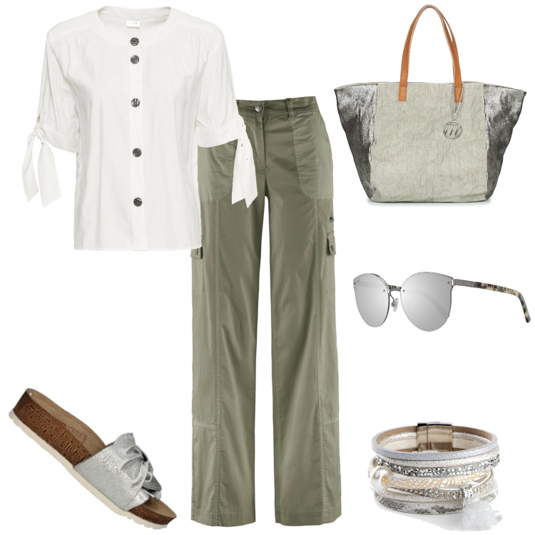 Outfit donna - PrettyRelaxed. Stile Trendy per Tutti i giorni. Abbinamento con pantaloni cargo, camicie a manica corta, braccialetto, sandali, borsa a spalla, occhiali da sole.