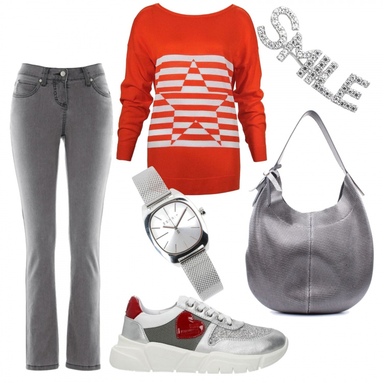 Outfit donna - Smile :-). Stile Basic per Tutti i giorni. Abbinamento con jeans slim fit, orologio, orecchini, sneakers, maglioni, borsa a spalla.