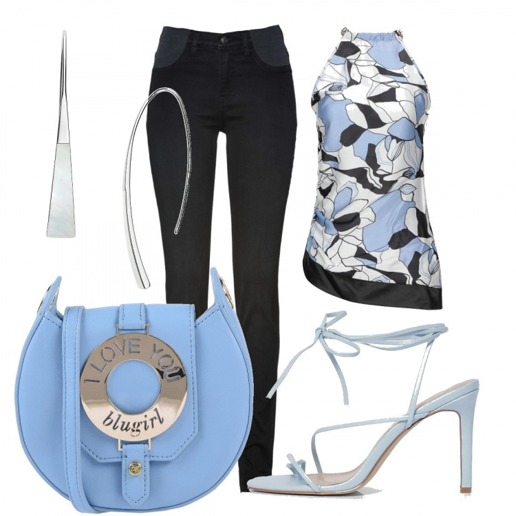 Outfit donna - Il top asimmetrico. Stile Trendy per Serata fuori. Abbinamento con jeans skinny, top, borse a spalla, orecchini, sandali.