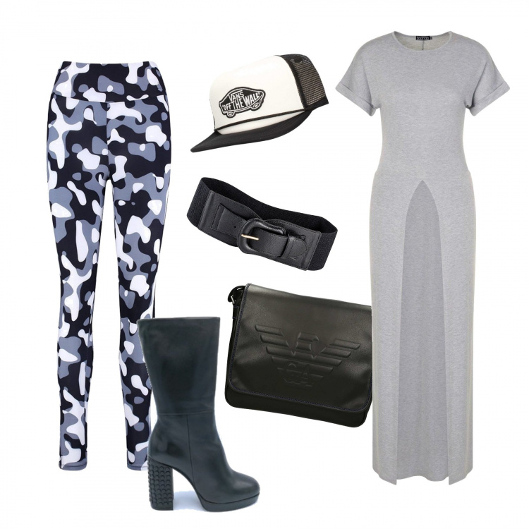 Outfit donna - Dal bianco al nero. Stile Urban per Tutti i giorni. Abbinamento con cinture, top, leggings, stivali, borsa, cappelli con visiera.