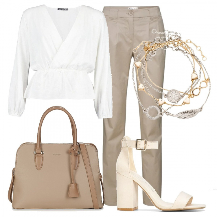 Outfit donna - Appuntamento diurno. Stile Basic per Tutti i giorni. Abbinamento con pantaloni chino, braccialetti con ciondoli, sandali col tacco, camicia, borsa a mano.