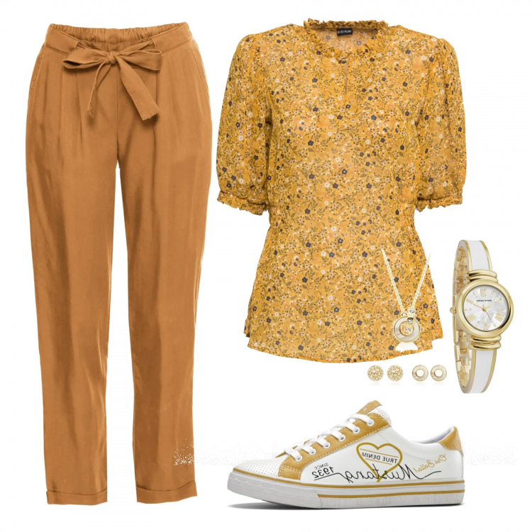 Outfit donna - Happy Easter at home. Stile Trendy per Tutti i giorni. Abbinamento con shopping bag, bluse, sneakers, orologio.