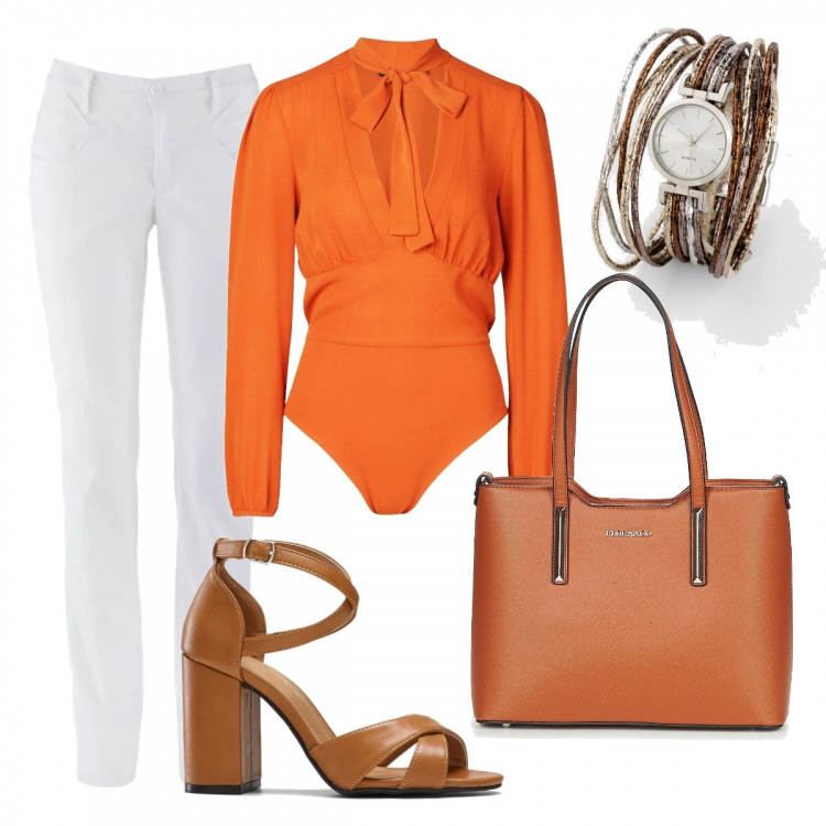 Outfit donna - Chic in arancione. Stile Chic per Tutti i giorni. Abbinamento con pantaloni, sandali col tacco, orologi, corpo, borsa a spalla.