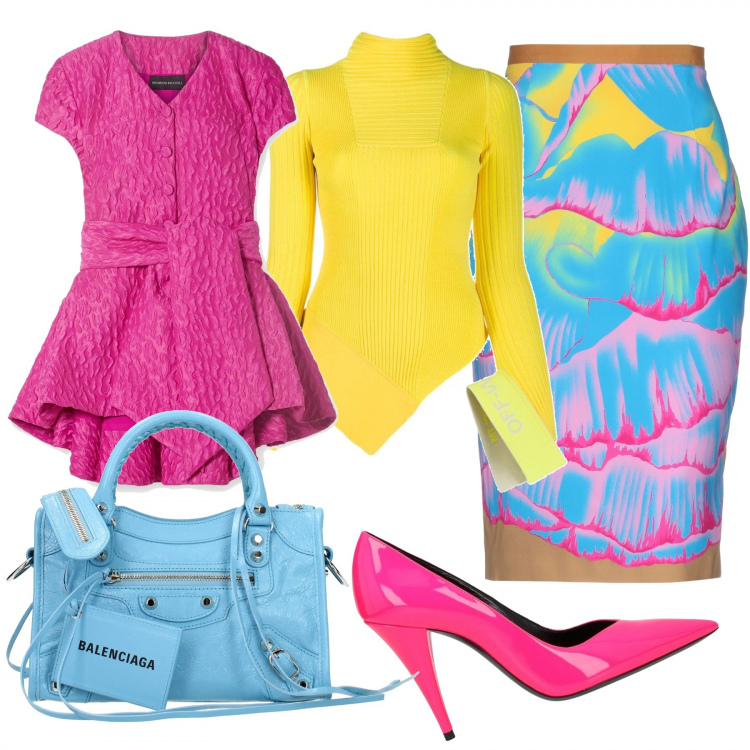 Outfit donna - Tubino divertente. Stile Trendy per Serata fuori. Abbinamento con gonne longuette, blazer, décolleté, borse a mano, top.