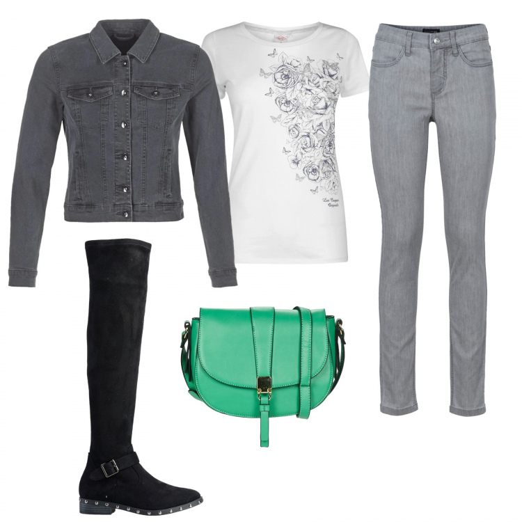 Outfit donna - Borsa Strong. Stile Trendy per Tutti i giorni. Abbinamento con jeans skinny, stivali, shopping bag, giacca, t-shirt.