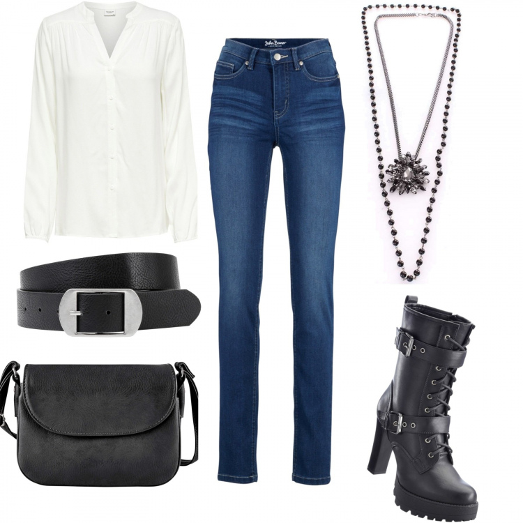 Outfit donna - Jeans addicted. Stile Urban per Tutti i giorni. Abbinamento con jeans, stivali, cinture, borse a tracolla, camicie, collane.