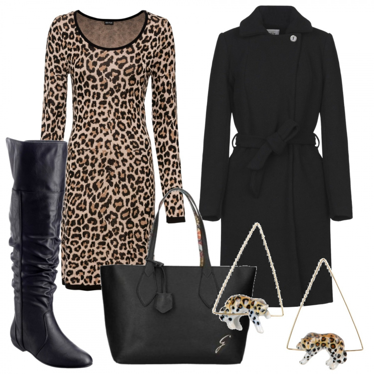Outfit donna - L\'abito in maglia. Stile Trendy per Ufficio. Abbinamento con stivali sopra il ginocchio, vestiti, cappotto, orecchini, shopping bag.
