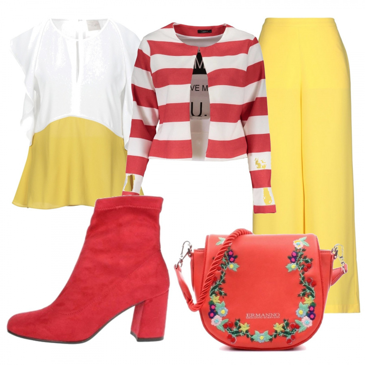 Outfit donna - Voglia di uscire. Stile Trendy per Scuola/Università. Abbinamento con pantaloni, bluse, giacca, stivaletti, borse a tracolla.