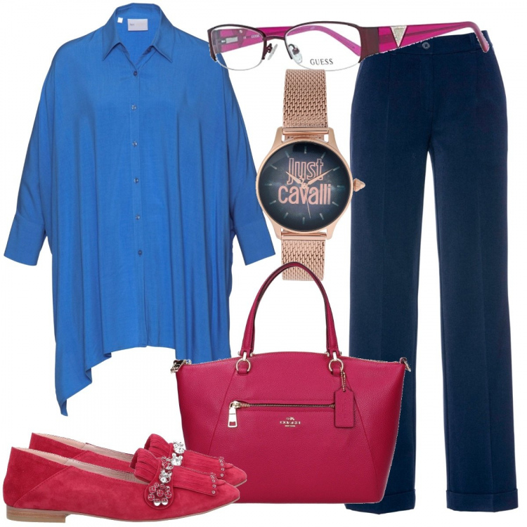 Outfit donna - Plus size con stile. Stile Chic per Ufficio. Abbinamento con mocassini, orologi, pantaloni, jeans, borse a mano, occhiali da vista.