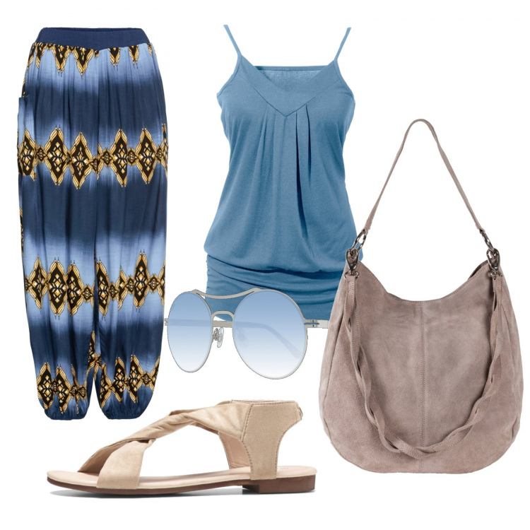 Outfit donna - Etnico #1591. Stile Etnico per Tutti i giorni. Abbinamento con top, borse a mano, pantaloni, sandali, occhiali da sole.