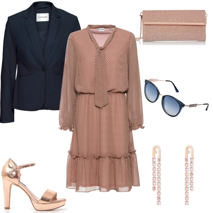 Outfit donna - LightToast. Stile Bon Ton per Cerimonia. Abbinamento con blazer, vestiti midi/longuette, orecchini, occhiali da sole, sandali, scarpa.