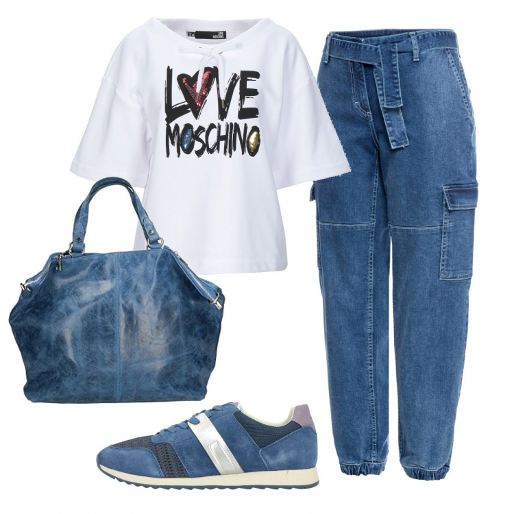 Outfit donna - Jeans con tasconi e cintura. Stile Basic per Tutti i giorni. Abbinamento con sneakers, felpa, shopping bag, borse a mano.