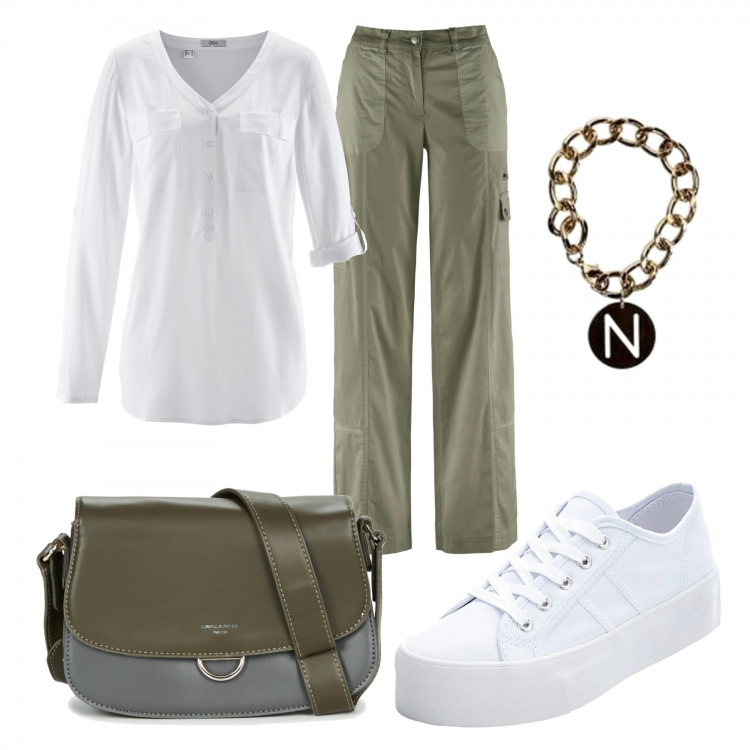 Outfit donna - Urban #9621. Stile Urban per Tutti i giorni. Abbinamento con pantaloni cargo, bluse, sneakers, borsa a tracolla, braccialetti.