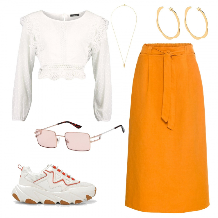 Outfit femme - Bon Ton #9966. Style Bon Ton pour Tous les jours. Assortir avec jupes, tops et blouses, sneakers, lunettes de soleil, colliers et pendantifs, boucles d'oreilles.