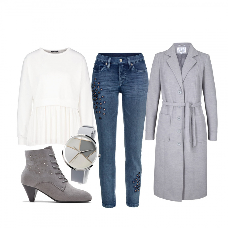 Outfit donna - Basic #13124. Stile Basic per Tutti i giorni. Abbinamento con blazer, maglieria, pantaloni skinny, orologio, felpa.