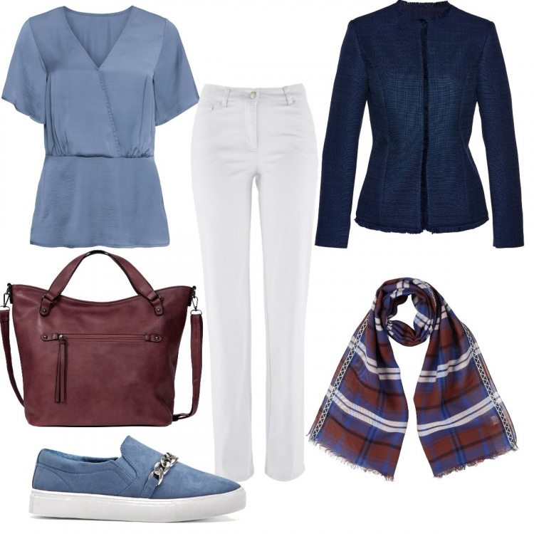 Outfit donna - Azzurro...e non solo. Stile Trendy per Tutti i giorni. Abbinamento con pantaloni, bluse, blazer, mocassini, borsa a tracolla, stola.