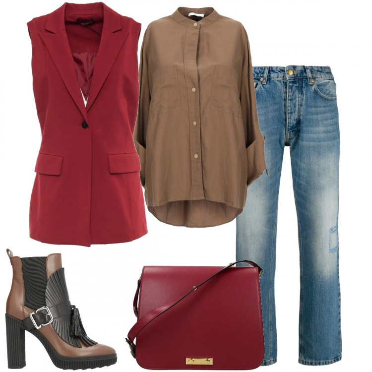 Outfit donna - Jeans e camicia. Stile Rock per Tutti i giorni. Abbinamento con stivaletti, camicie, borsa a spalla, pantaloni, gilet.