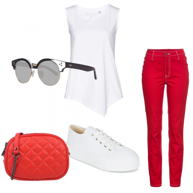 Outfit donna - Basic #22334. Stile Basic per Tutti i giorni. Abbinamento con top, pantaloni, borsa a tracolla, sneakers, occhiali da sole.