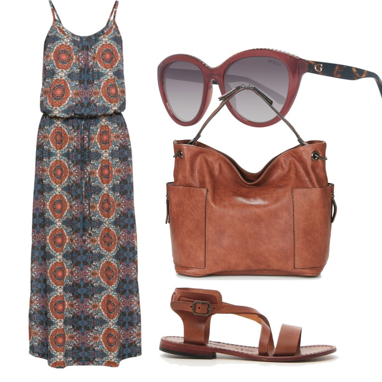 Outfit donna - Basic #13255. Stile Basic per Tutti i giorni. Abbinamento con vestiti lunghi, borsa a spalla, sandali, occhiali da sole.