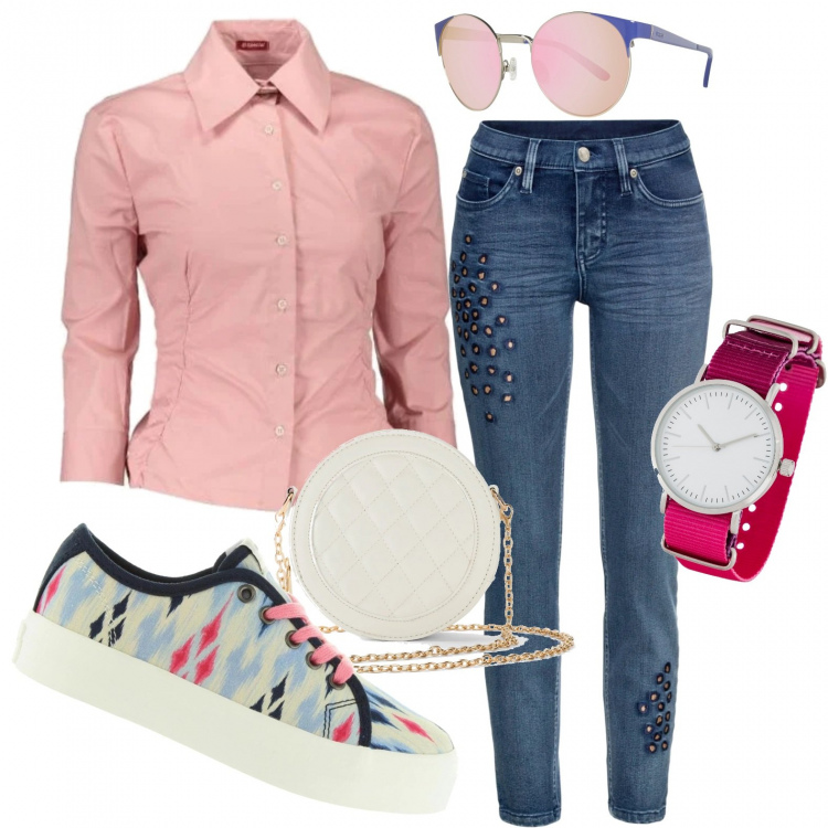 Outfit donna - Rainbow. Stile Urban per Tutti i giorni. Abbinamento con blazer, reggiseni, borse a tracolla, camicia, occhiali da sole, sneakers.