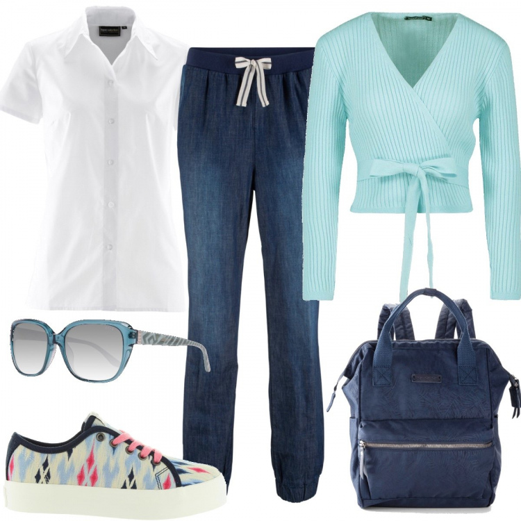 Outfit donna - Passeggiata con il guinzaglio. Stile Basic per Tutti i giorni. Abbinamento con camicie a manica corta, pantaloni, zaini, cardigan, sneakers, occhiali da sole.
