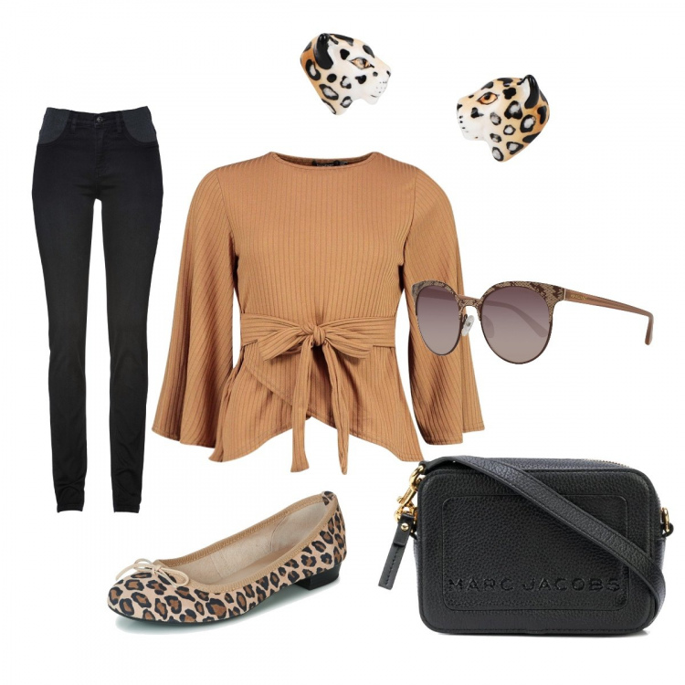 Outfit donna - Le ballerine stilose. Stile Basic per Tutti i giorni. Abbinamento con jeans skinny, orecchini, cardigan, ballerine, borsa a tracolla, occhiali da sole farfalla multicolore.