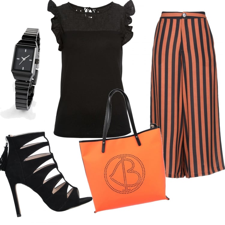 Outfit donna - A passeggio. Stile Urban per Tutti i giorni. Abbinamento con pantalone lungo, borse a mano, sandali col tacco, t-shirt, orologi.