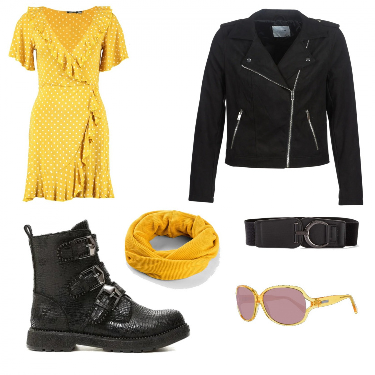 Outfit donna - La Pasqua più stiloso di sempre!. Stile Chic per Tutti i giorni. Abbinamento con cinture, foulard, vestito, stivaletti, blazer, occhiali da sole.