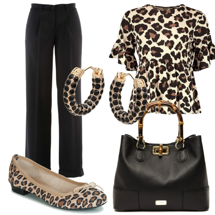 Outfit donna - Ballerine animalier. Stile Trendy per Serata fuori. Abbinamento con pantaloni, orecchini, top, ballerine, borsa a mano.