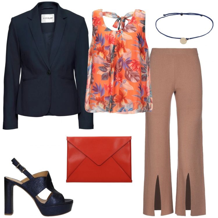 Outfit donna - NewCombo4. Stile Trendy per Cerimonia. Abbinamento con blazer, pantaloni, top, braccialetti, pochette, sandali.